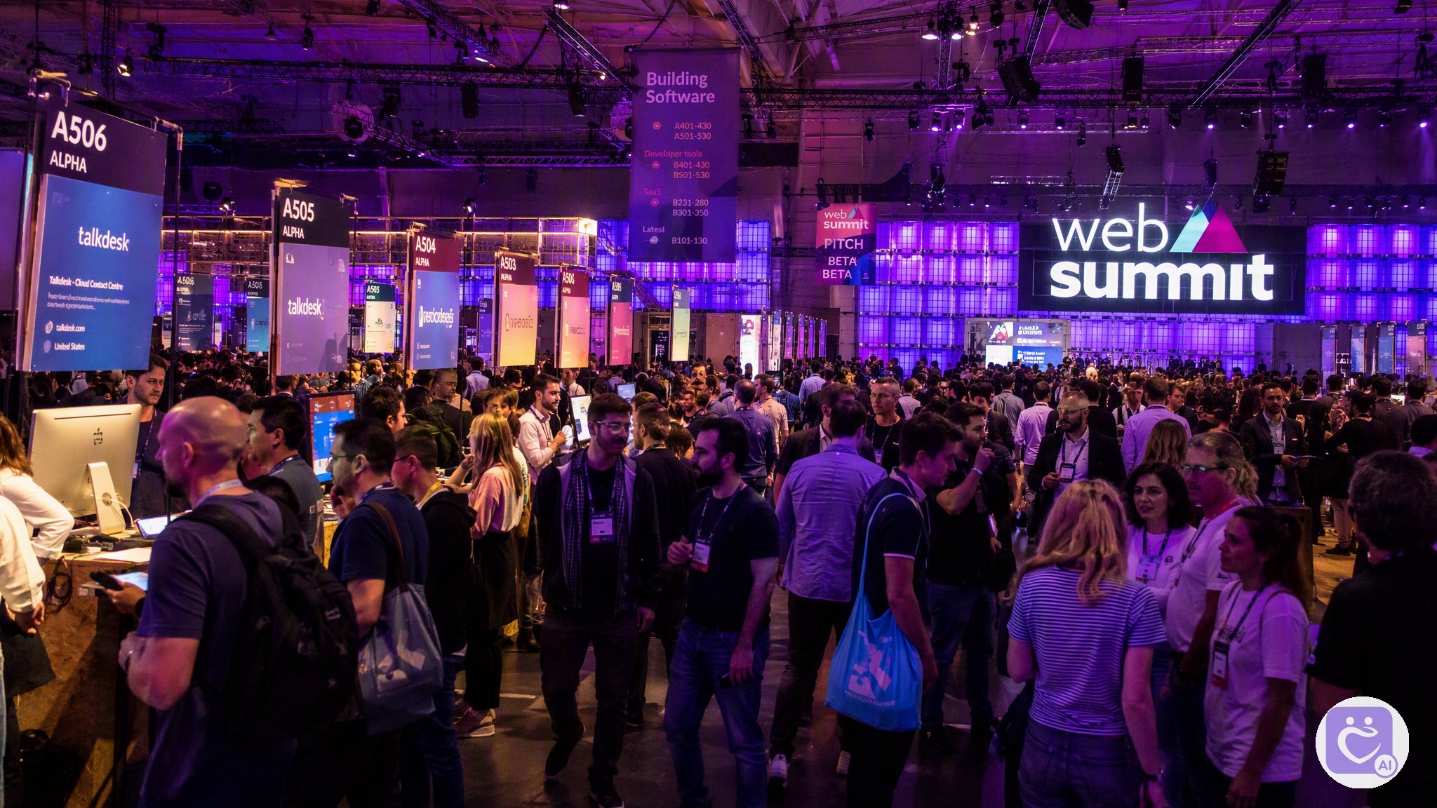 International tech summit hall with founders and investors networking